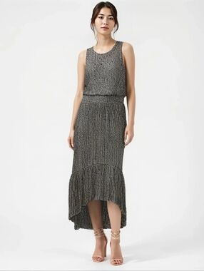 Banana Republic Metallic Plissé High-Low Midi Dress Silver Shimmer Smocked Waist